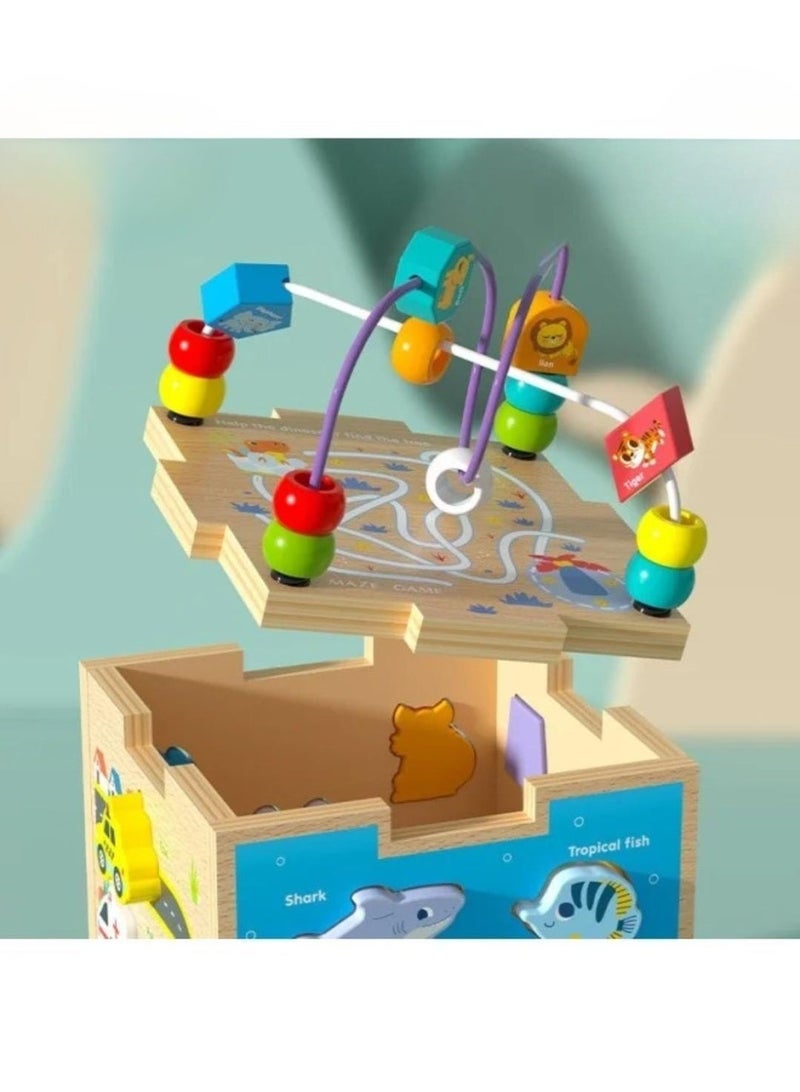 Wooden Montessori Activity Cube with Shape Sorting & Bead Maze – Educational Toy for Kids (36+ Months) Eid Gift - Image 2